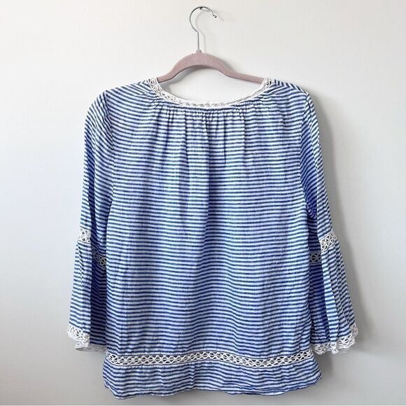 Chico’s linen blue & white striped crochet trim blouse - Picture 2 of 6